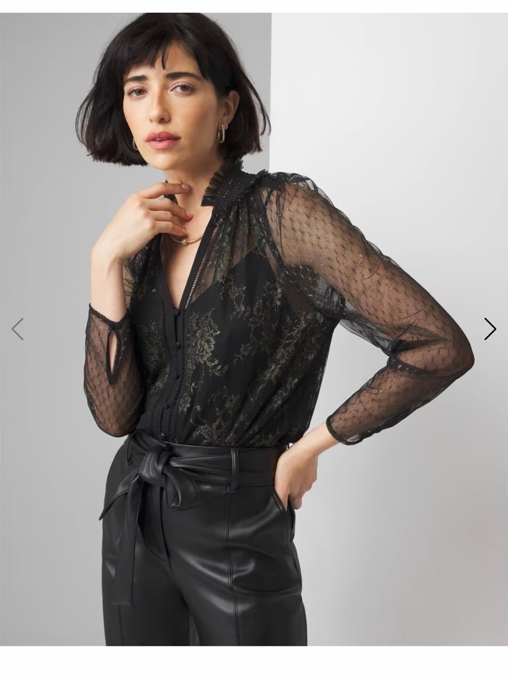 White House Black Market Black Sheer Lace Blouse with Metallic Dot Accents